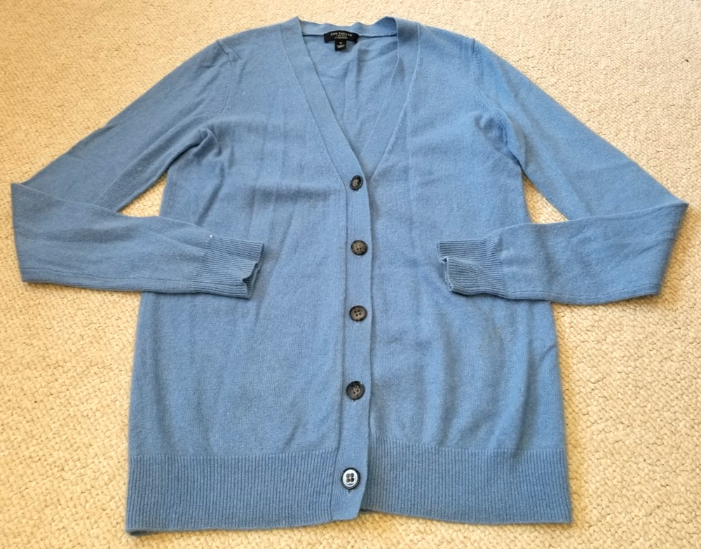 Womens Sweater-ANN TAYLOR-blue cashmere cardigan boyfriend Preppy Old Money-S